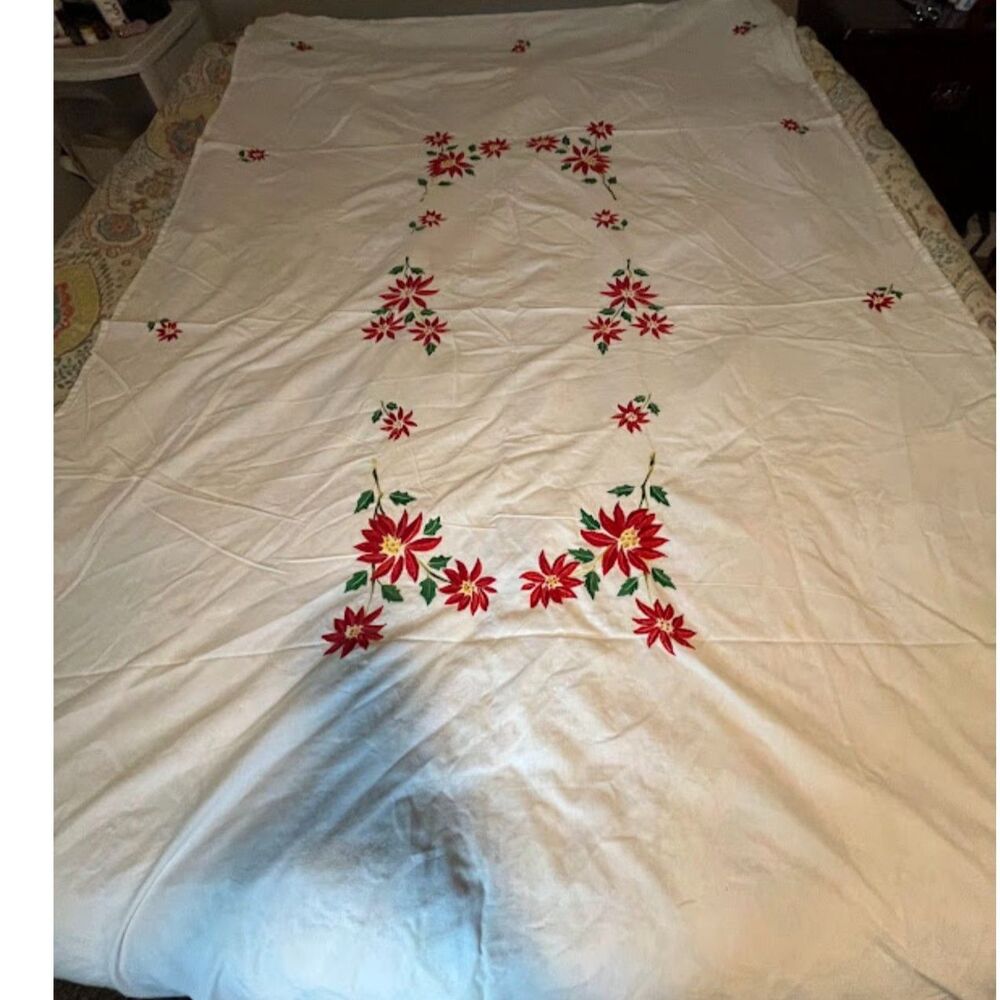 Vintage White Tablecloth 90x57 Hand Embroidered Red Floral Linen Farmhouse